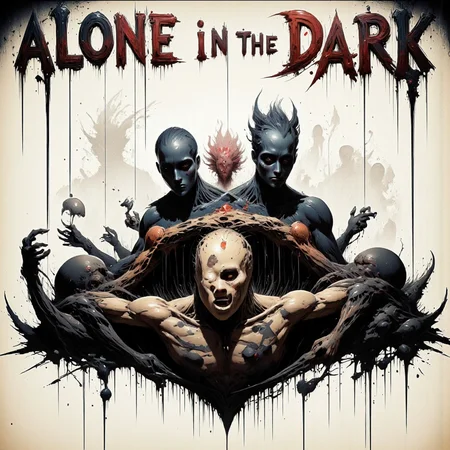 (Bold Font, Whimsical, The Words: "Alone in the Dark":1.6),
An eerie,ink-drenched drawing in the style of a dark rock album cover,1boy,male focus,
A masculine male marionette-like figure,suspended by rusted brass strings,their body contorted in agony.,
Shadowed figures lurk behind them,faceless yet filled with malevolent intent.,
The ink bleeds into the background,creating a nightmarish atmosphere of loss and control.,
Heavy cross-hatching,chaotic brush strokes,and splattered ink enhance the raw,visceral energy.,
<lora:TextimproverV0.4:0.7>,<lora:ImageUpgraderV2:0.9>,<lora:Children_Cartoon_Style:0.4>,<lora:bv-mychorwor-v1:0.9>,<lora:aidmaAbadonedHorror:0.5>,<lora:aidmaInkStyle:0.4>,<lora:Lovecraftian_Nightmare_Landscapes:0.6>,<lora:Gender_spectrum:1>,