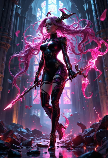 A striking image of Bayonetta, the powerful and seductive witch, in the midst of battle in a grand, ruined cathedral. She wears her iconic skintight, black bodysuit adorned with intricate patterns, her long legs accentuated by her high heels. Her glasses add to her sharp, alluring look, and her long, flowing hair is both her weapon and her crown. The shattered stained-glass windows cast colorful, fragmented light onto the scene, highlighting her as she strikes a confident, provocative pose, ready to unleash her next devastating attack., <lora:models\Flux\ARTifacts:0.64>, <lora:models\Flux\NeonFantasyFLUX:0.35> ne0nfant4sy, mythp0rt <lora:models\Flux\FluxMythP0rtr4itStyle:0.7>,, <lora:models\Flux\Hand v2:0.4>