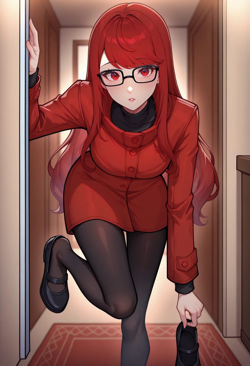 masterpiece, best quality, newest, absurdres, highres, 1girl, looking at viewer, parted lips, leaning forward, removing shoes, hand up, foot up, <lora:KasumiP5-illu:1> wnSumi, red hair, long hair, hair down, swept bangs, glasses, black-framed eyewear, red eyes, red winter jacket, buttons, black turtleneck, black pantyhose, mary janes, black footwear, doorway, carpet