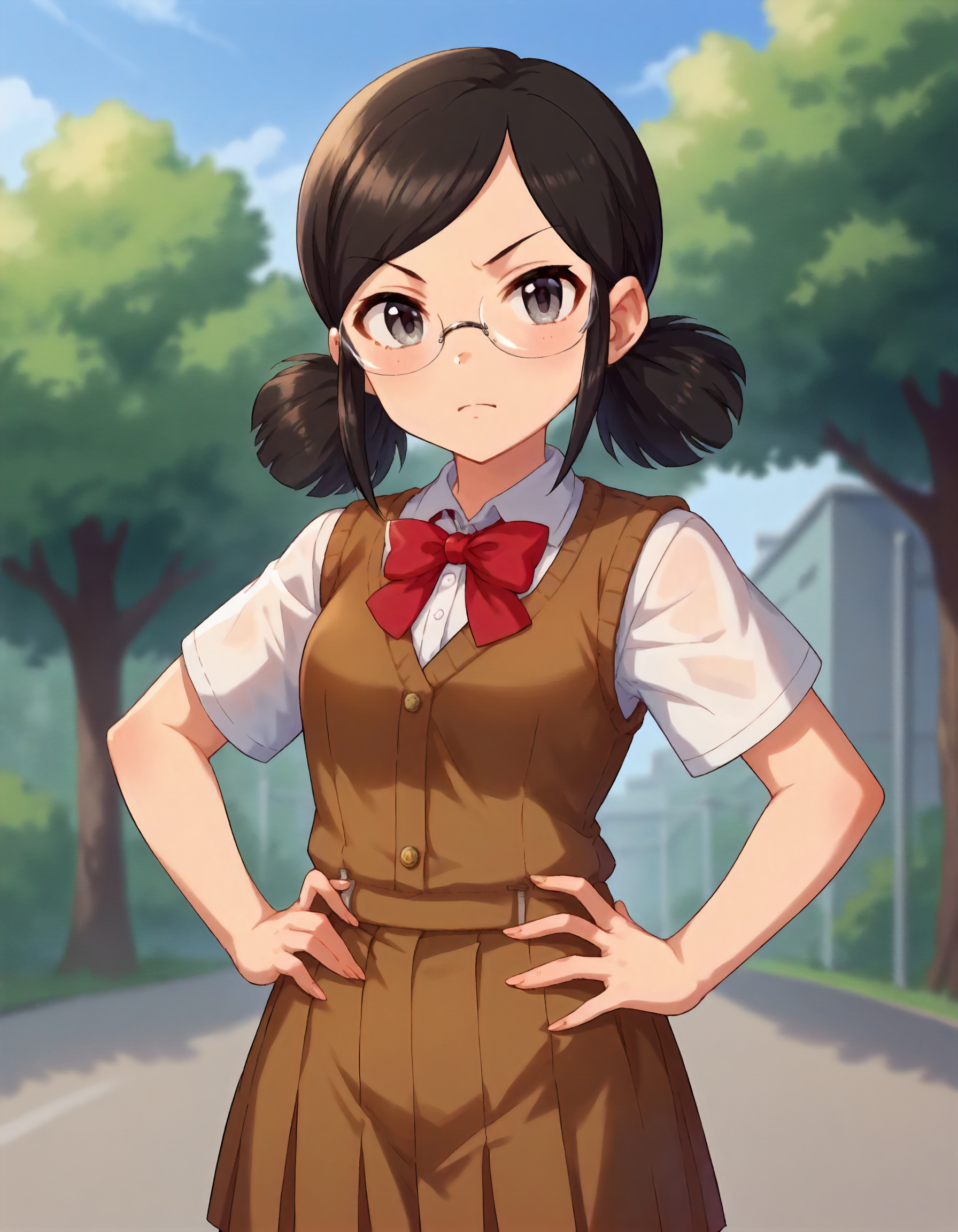 score_9,score_8_up,score_7_up,1girl,solo,cowboy shot,looking at viewer,outdoors,hands on hips,
<lora:saejimakiyomi_ponyXLV6:0.8>,cgsky,skyha,black hair,low twintails,grey eyes,glasses,
brown school uniform,red bowtie,brown vest,short sleeves