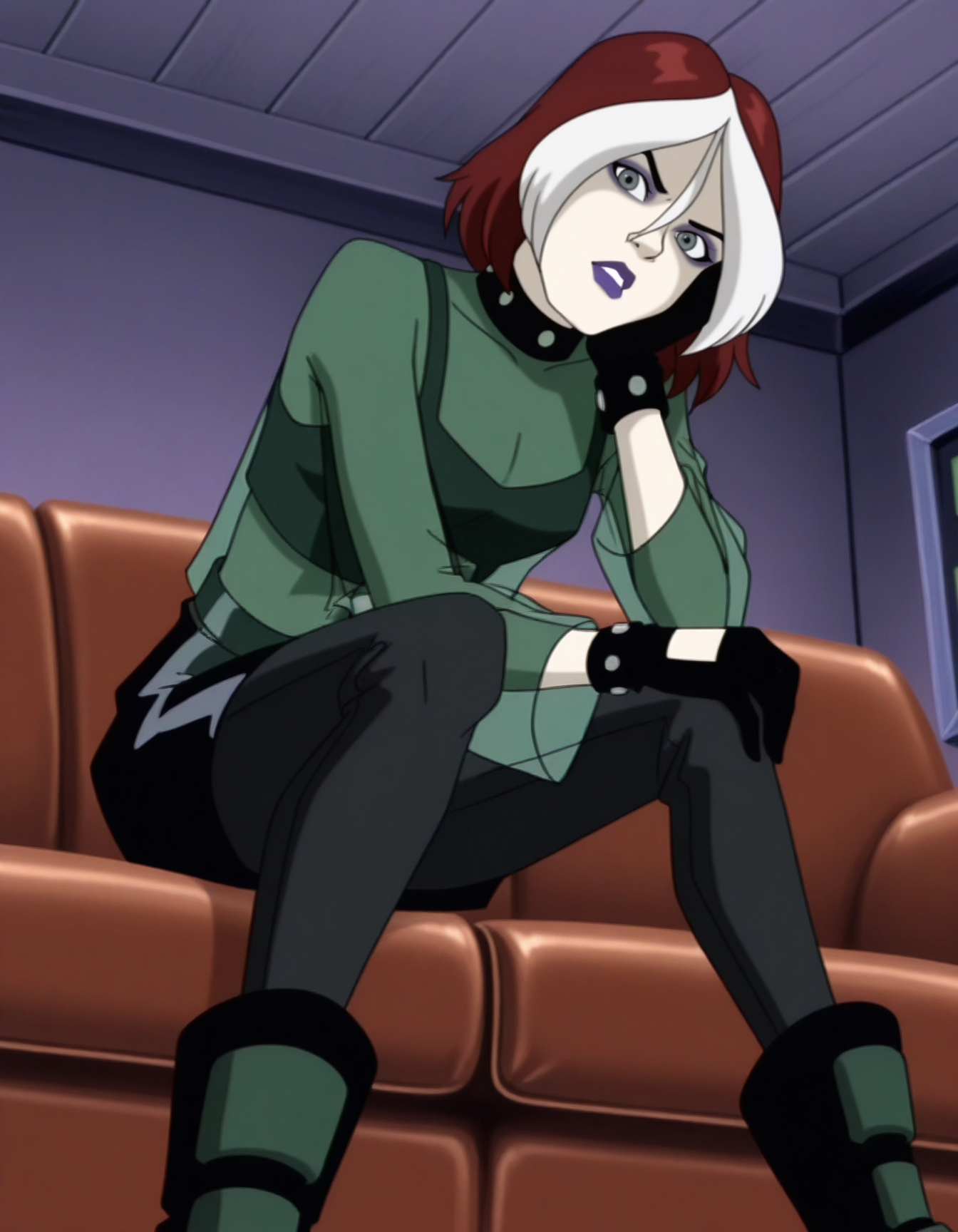 detailed, masterpiece, best quality, 
collar, crop top, see-through shirt, gloves, bracelet, skirt, pants, boots, 
indoors, couch, 
1girl, solo, sitting, leaning forward, looking at viewer, from below, 
xroguex, dyed bangs, white hair, red hair, hair between eyes, grey eyes, makeup, purple lips, <lora:xmenev-rogue:1>