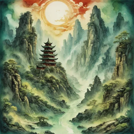 (Ink illustration on parchment, watercolor, ink splashes, Ukiyo-E). ((watercolor)), ((Chinese landscape)), Pagodas, Red-Trees, landscape focus, small figure off-side, Chinese Mountains, Rivers, Clouds, with watercolor washes, (((verdant green landscape))), (((mist, waterfalls))), trees, lush foliage, endless karth mountains that stretch outward to the horizon, a lone woman traversing the landscape!! wearing a bright blue cloak to make the miniscule figure stand out in a landscape dotted with the ruins of an ancient destroyed civilisation, crumbling stone, degraded buildings and temple, a long magical aurora borealis stretching across the sky, a broken moon high in the sky partially turned into an asteroid belt, a Saturn-like ringed-planet world, flickers of magical energy illuminating the land, in the far distance a giant wall of smoke is rising from the shattered earth in which a multitude of faces are forming and screaming, Ink splashes, rough ink sketch, Ghibli style, high contrast, stylized, dark skin, close up on face, head and shoulder, leather medieval top with lowered hood, Art Nouveau Style, detailxl, BadDream, dioramas, contrasting light, light rays, volumetric lighting,