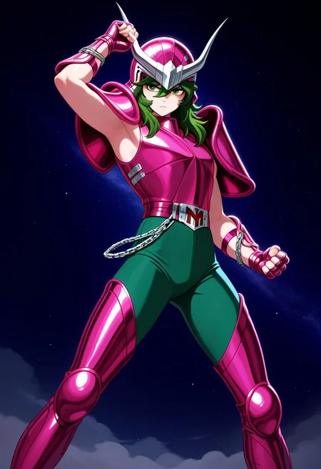 masterpiece, best quality, amazing quality, very aesthetic, absurdres, newest, ANDRSHUNV1, 1boy, slender figure, magenta pauldrons, curved pauldrons, magenta helmet with two prongs and silver accents, long wavy green hair, green eyes, (shiny:1.5), magenta sleeveless armor, magenta vambraces, fingerless magenta gloves, magenta thighhigh greaves, green pants, magenta belt, magenta boots, chains, standing pose, serious, arm up,