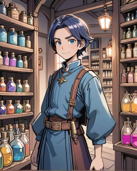 anime style, 1boy, man, Aesthetic, solo, looking at viewer, solo, (full body:0.6), detailed background, detailed face, (victorian theme:1.1), grin, presenting wares, shop owner, (light-blue:0.8) merchant clothes, pouches, belts, busy (medieval shop interior:1.1), (shelves:0.8), selling wide variety of magic potions, fluorescent bottles, swirling bottles, colored glass containers,