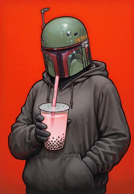 lukch, boba fett drinking bubble tea, holding, solo, hoodie, red background, painting_\(medium\), best quality, very aesthetic, absurdres, traditional media
