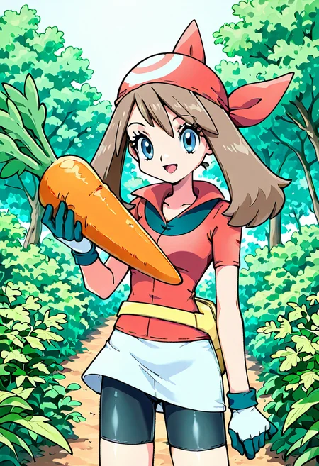 masterpiece, best quality, 1girl, solo, eyelashes, (beautiful eyes),   may (pokemon), 1girl, bandana, bike shorts, red bandana, gloves, skirt garden, holding carrot, huge carrot, happy, about to eat,   ,<lora:LittleMyMay_KarotConCarneIL:1.0>,