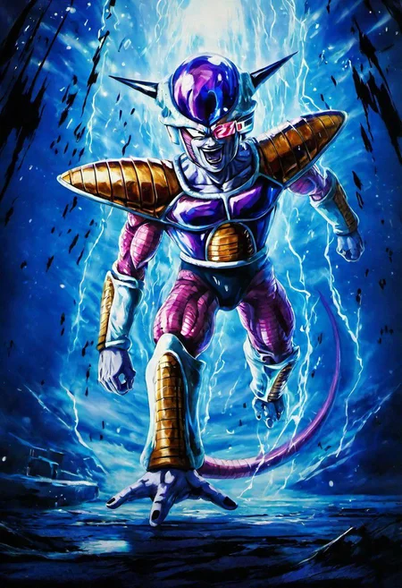 Ship(best quality, masterpiece, detailed, highly detailed face) of a haunting scene with Freezer Armor smile in a battle . Emphasize atmosphere, high contrast, and interplay of shadow and light, colorful