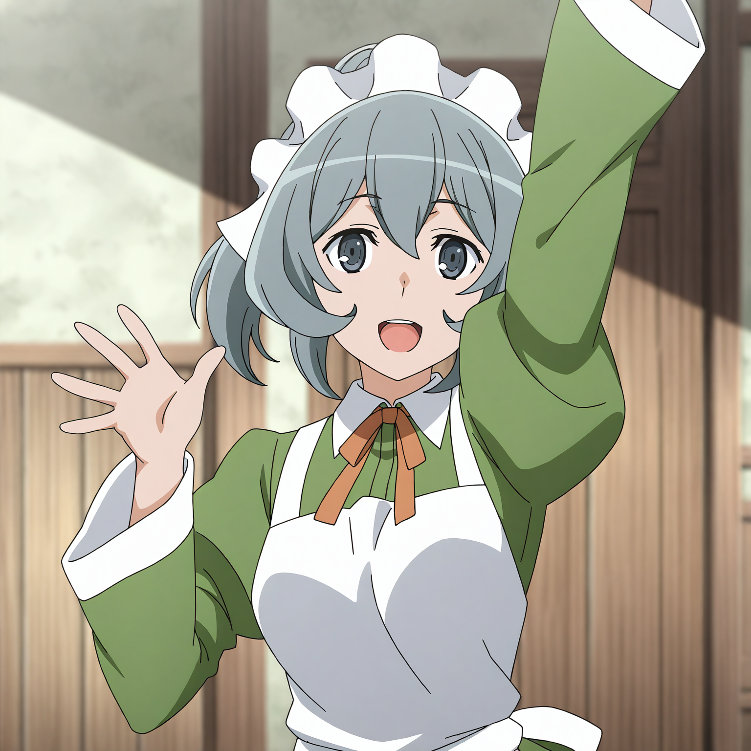 <lora:Syr2-000019:0.7> Syr,solo,looking at viewer,enmaided,maid headdress,light smile,open mouth,one hand waving and arm up,