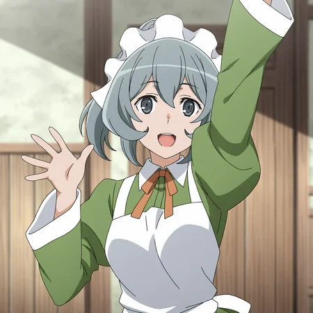 <lora:Syr2-000019:0.7> Syr,solo,looking at viewer,enmaided,maid headdress,light smile,open mouth,one hand waving and arm up,