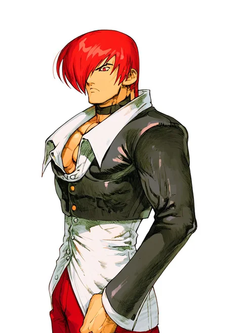 MVC2style, simple background, white background, upper body, iori yagami, red hair, red eyes, chocker, red pants, black jacket, white shirt,<lora:MVC2Style_SDXL-000005:1.0>