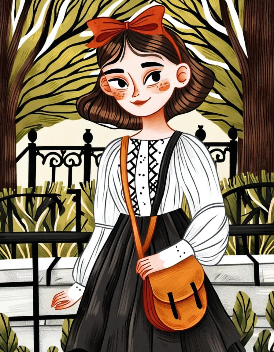 lz ptica illustration style, 
highly detailed, uhd image, intricate details, detailed, 8k, trending, amazing art,
1girl, solo, blush, smile, short hair, brown hair, dress, bow, hair bow, hairband, outdoors, bag, black eyes, red bow, tree, blush stickers, railing, 
 <lora:lz_ptica_illustration_xl:1>