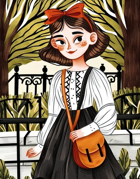 lz ptica illustration style,
highly detailed, uhd image, intricate details, detailed, 8k, trending, amazing art,
1girl, solo, blush, smile, short hair, brown hair, dress, bow, hair bow, hairband, outdoors, bag, black eyes, red bow, tree, blush stickers, railing,
<lora:lz_ptica_illustration_xl:1>