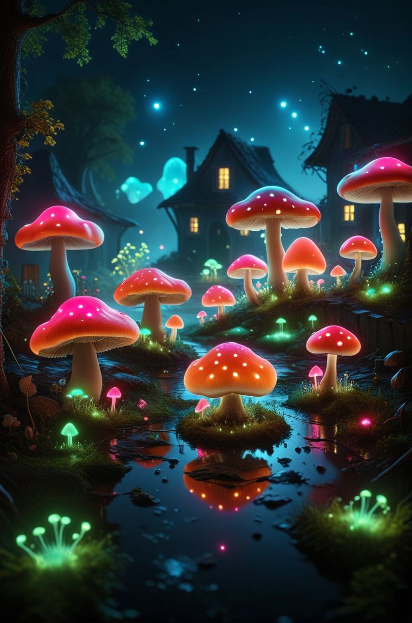 surreal, a village where houses are made of giant mushrooms, glowing softly at night, tiny creatures living in harmony, whimsical and enchanting  <lora:neon_style_sdxl:0.8> neonlora, glowing
 <lora:sss:1> sss, translucent, subsurface, scattering
<lora:add-detail-xl:1>
<lora:MJ52:0.35>,
<lora:SDXLFaeTastic2400:0.325>,
(settings by AIDigitalmediaaggency:0.0001),
OverallDetailXL
