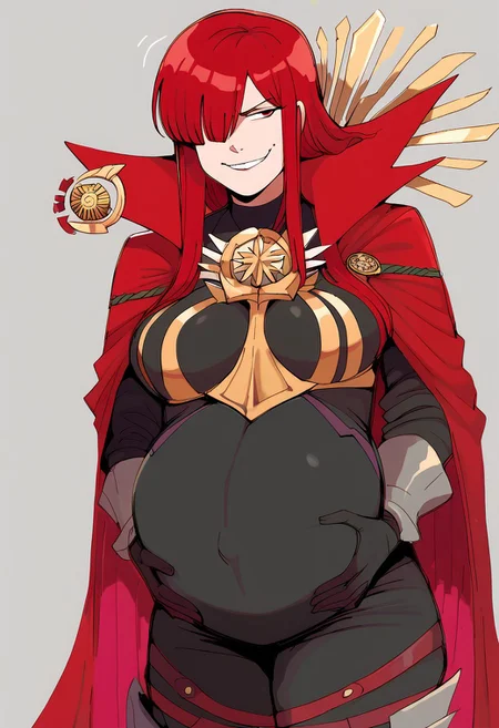 score_9, score_8_up, score_7_up, lewdlemage, pregnant, 1girl, solo, 0daavgr, red hair, hair over one eye, red eyes, large breasts, family crest, oda uri, red cape, collared cape, popped collar, armor, black bodysuit, medallion, black gloves, armored boots, standing, smug, grin, hands on belly, covered belly,