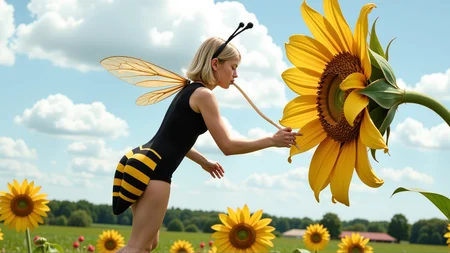 cinematic photo a (25 year old girl:1.5), she has huge bee wings attached to her back and bee antennae attached to her head, she's wearing a( black and yellow:1.2) horizontally striped figure hugging lycra minidress, the dress has a human sized (fuzzy bee abdomen attached sticking out at the butt:1.3)
she has blonde hair in a bob cut, she has a slim figure and long legs, she has medium sized breasts
she's hovering in midair in front of a enormous flower, the flower is bigger than the girl, ready to drink it's nectar through a long straw, the straw is held in her hand with the end (stuck into the flower:1.3)
she's in a meadow of enormous wild flowers,, score_9, score_8_up, score_7_up, hyperdetailed, hyperrealistic,  best quality, (masterpiece:1.3),high-definition, intricate details, volumetric lighting, symmetrical face, level eyes, . 35mm photograph, film, bokeh, professional, 4k, highly detailed