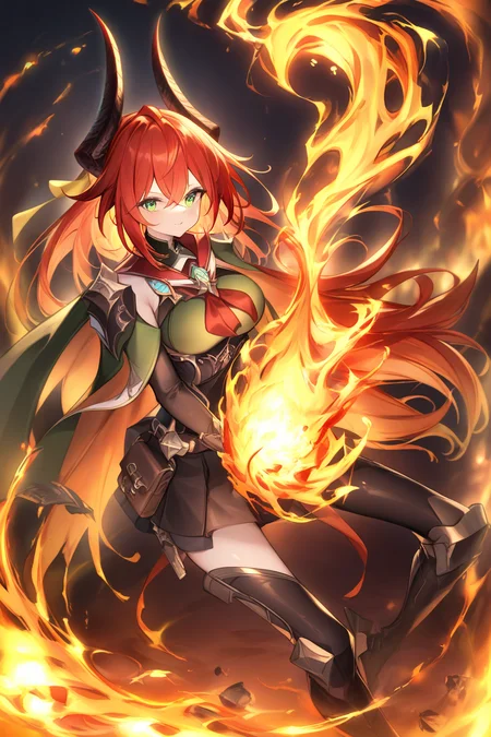 YZS,<lora:szbV2:0.8>,fire,<lora:luole:1>,1girl,green eyes,red hair,dragon horns,fire, ash, masterpiece, best quality, very aesthetic, absurdres