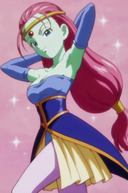 source_anime, score_9, score_8_up, score_7_up, anime screencap,
caway, 1girl, solo, long hair, breasts, smile, blue eyes, simple background, pinkbackground, pink hair, detached sleeves, colored skin, low-tied long hair, circlet, bare shoulders, blue dress, blue armwear, blue leotard, cleavage, cowboy shot, gold headwear, dress, eyelashes, green skin, leotard, looking down at viewer, from below, fingernails, bedroom_eyes, hand_on_own_knee, seductive, purple legwear, purple nails, pointy nose, arm up, skirt, strapless, touching knee, v-shaped eyebrows, yellow skirt, pink eyebrows, sparkle background,
<lora:caway_pony_v1.0:0.8>