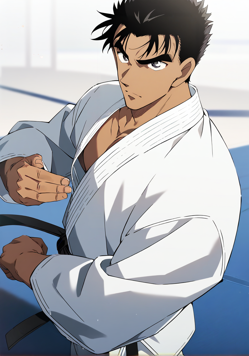 score_9,score_8_up,score_7_up,source_anime,1boy,kyogoku_makoto,male focus,solo,black hair,dark skin,dark-skinned male,thick eyebrows,black eyes,short hair,,standing,taekwondo clothing,serious,best quality,amazing quality,best aesthetic,absurdres,<lora:Kyogoku_Makoto:0.9>