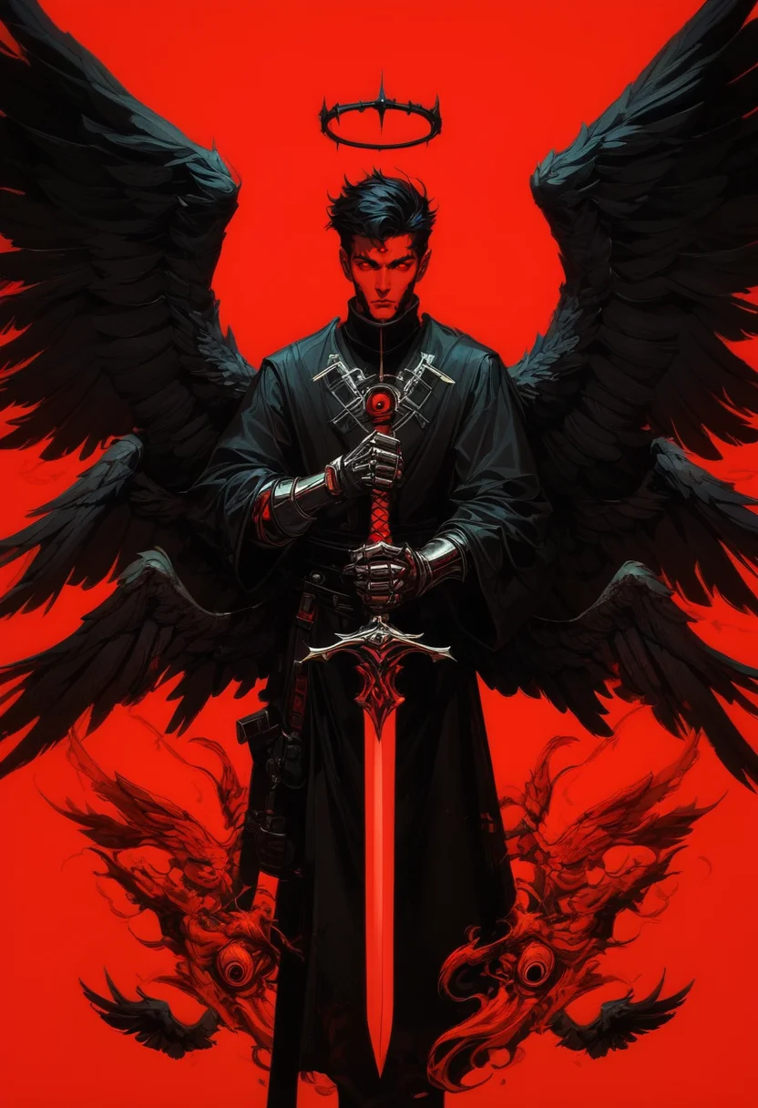 (score_9, score_8_up), score_7_up, zPDXL, looking at viewer, short hair, black hair, red eyes, 1boy, holding, weapon, male focus, wings, sword, holding weapon, halo, holding sword, feathered wings, red background, 1other, black wings, angel, limited palette, red theme, extra eyes, multiple wings, spread wingshelm <lora:GRIM_v1:0.95>