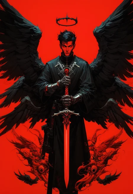 (score_9, score_8_up), score_7_up, zPDXL, looking at viewer, short hair, black hair, red eyes, 1boy, holding, weapon, male focus, wings, sword, holding weapon, halo, holding sword, feathered wings, red background, 1other, black wings, angel, limited palette, red theme, extra eyes, multiple wings, spread wingshelm <lora:GRIM_v1:0.95>