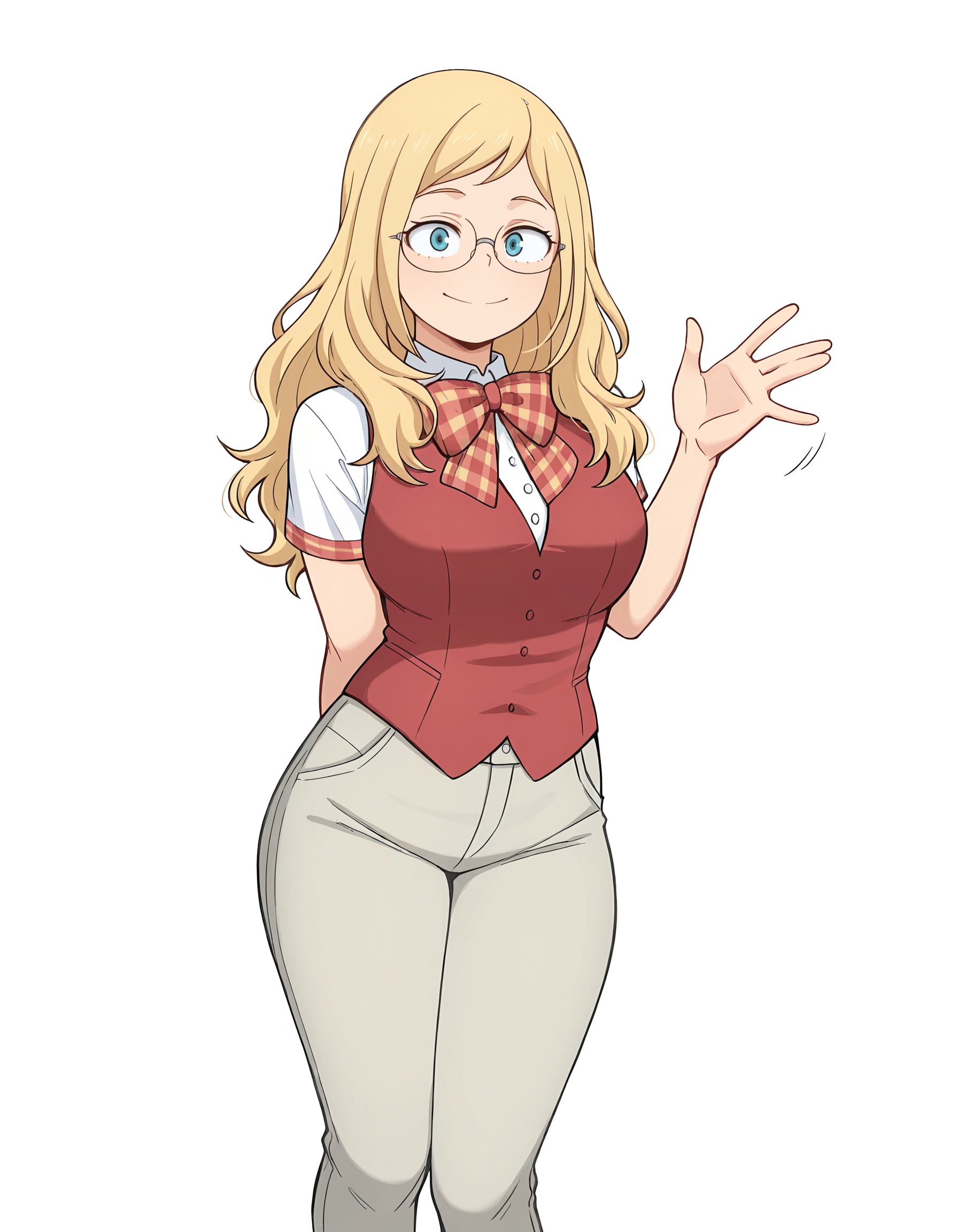 <lora:Melissa Illu:1>
1girl, solo,
mel1ssa, m4inoutfit, 1girl, glasses, blonde hair, blue eyes, long hair, wavy hair, white shirt, red vest, plaid bowtie, gray pants, buttons, feet out of frame, waving, one arm behind back,
looking at viewer, 
simple background, white background,, masterpiece, best quality, amazing quality