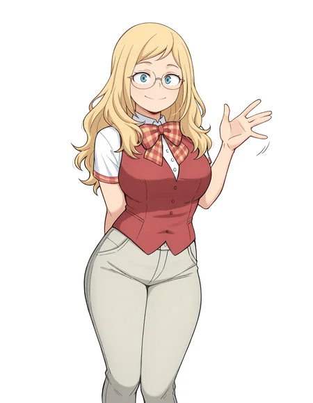 <lora:Melissa Illu:1>
1girl, solo,
mel1ssa, m4inoutfit, 1girl, glasses, blonde hair, blue eyes, long hair, wavy hair, white shirt, red vest, plaid bowtie, gray pants, buttons, feet out of frame, waving, one arm behind back,
looking at viewer,
simple background, white background,, masterpiece, best quality, amazing quality