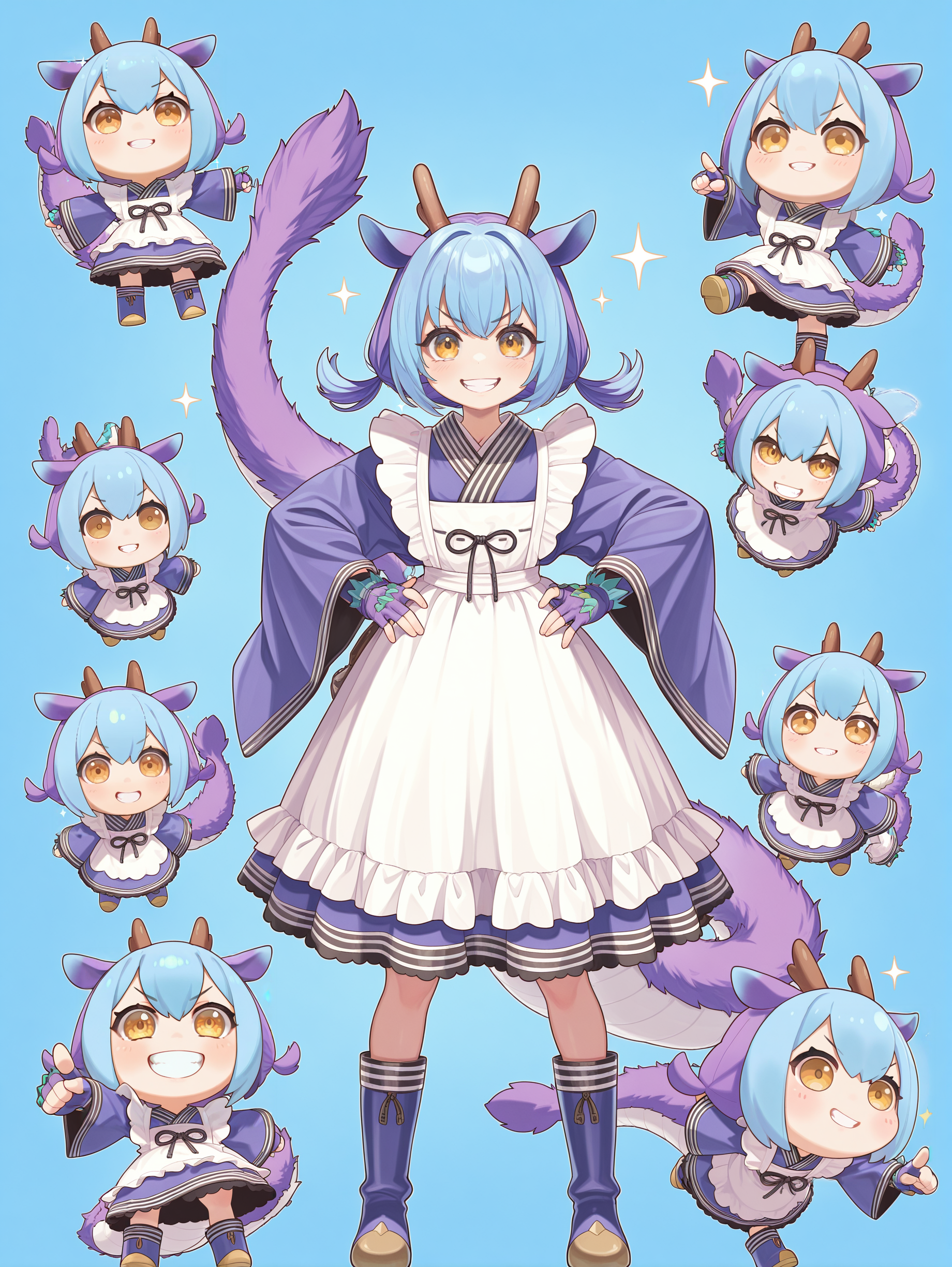 chibi,character doll,dragon girl,laundry dragonmaid,1girl,blue maid outfit,blue fingerless gloves,blue knee boots,multiple views,blue background,v-shaped eyebrows,pointing at viewer,clenched teeth,sparkle,smile,
masterpiece,best quality,amazing quality,very aesthetic,apussbsurdres,newest,<lora:laundry dragonmaid & eldlich the golden lord illuXL v1:0.75>,