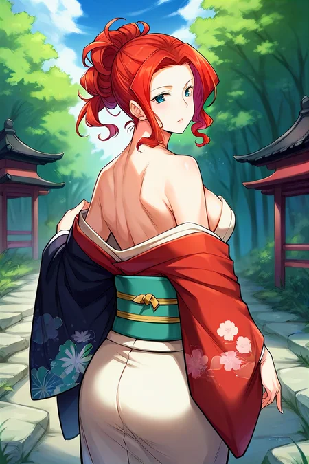 score_9, score_8_up, score_7_up, score_6_up, score_5_up, score_4_up, rating_questionable, , source_anime, digital illustration, pixiv, fanbox, uncensored, , BREAK, official art,
1girl, solo, mature female, alicia, red hair, blue eyes, tied hair, hair tied back,
japanese clothes, kimono, japanese background, outdoors,, , blush, looking at viewer, cowboy shot, <lora:Alicia_Magentano_Pony-10:0.8>