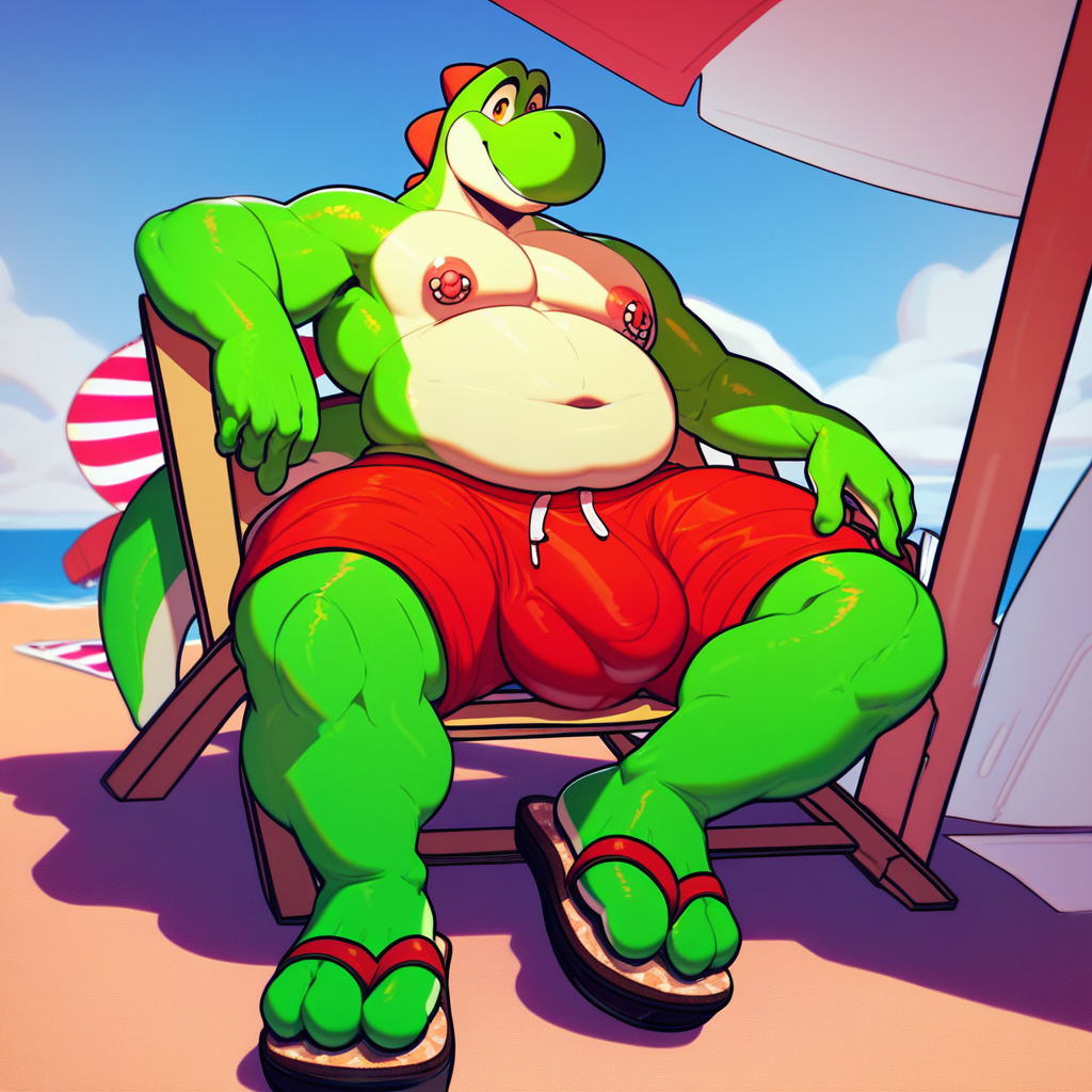 score_9, score_8_up, score_7_up, 2k, 4k, high res, 2d (artwork), Poppin, 1boy, solo, green skin, orange eyes, looking to the side, Yoshi, tail, furry, anthro, smiling, red swim trunks, topless, male swimwear, large hips, overweight male, beach sandals, fat, wide hips, large pectorals, nipple piercings, bottom heavy, thick thighs, massive bulge, beach background, sitting, sitting on beach chair, sitting under sun umbrella, side pov