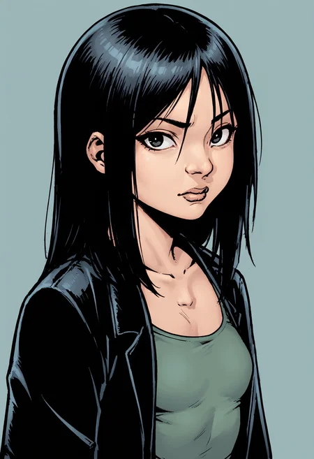 score_9, score_8_up, score_8, 1girl, <lora:TheFemale:0.75> small girl, small breasts, black eyes, black hair, black coat, green dress, looking at viewer, side view, blank expression, upper body,
light blue background, simple background,