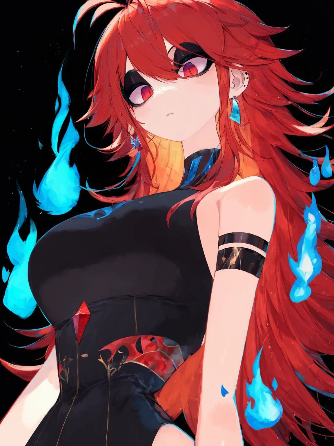 score_9, score_8_up, score_7_up, score_6_up, score_5_up, zPDXL2, max detail, 4k wallpaper, masterpiece, best quality, absurdres, highres, dynamic angle, dynamic pose, source_anime, USAStyle, colorful, saturated colors, simple background, black eyeshadow,
1girl, fire, red hair, solo, blue fire, breasts, earrings, jewelry, red eyes, looking down, long hair, large breasts, antenna hair, bare shoulders, upper body, virtual youtuber, closed mouth, bangs, hair intakes, ahoge, black background,
<lora:USAStyle-V2:1>