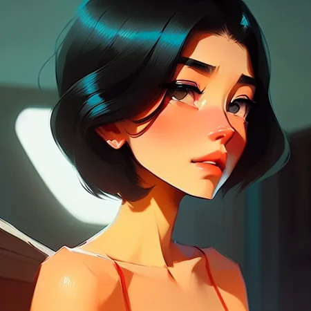 close up portrait female , (black hair), green eyes, long hair, smirking, by  (((Atey Ghailan and Emmanuel Shiu))), standing in a street, at night
(<SamDoesArt2>:0.84)