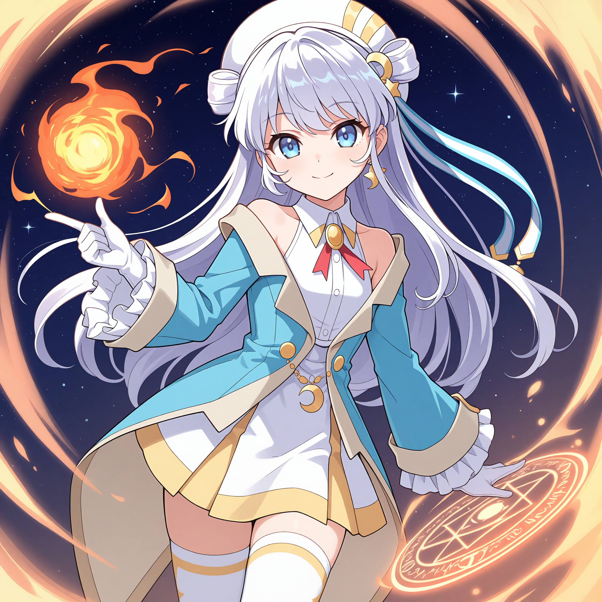 <lora:Dia_Viekone_1_nai-000034:1>,Dia Viekone,double bun,star hair ornament,crescent hair ornament,
official outfit,hat,white thighhighs,white gloves,white shirt,collared shirt,sleeveless shirt,elbow gloves,neck ribbon,red ribbon,frills,blue jacket,long sleeves,frilled sleeves,off-shoulder jacket,dress shirt,
1girl,solo,smile,magic circle,looking at viewer,fireball,starry sky,snapping fingers,simple background,