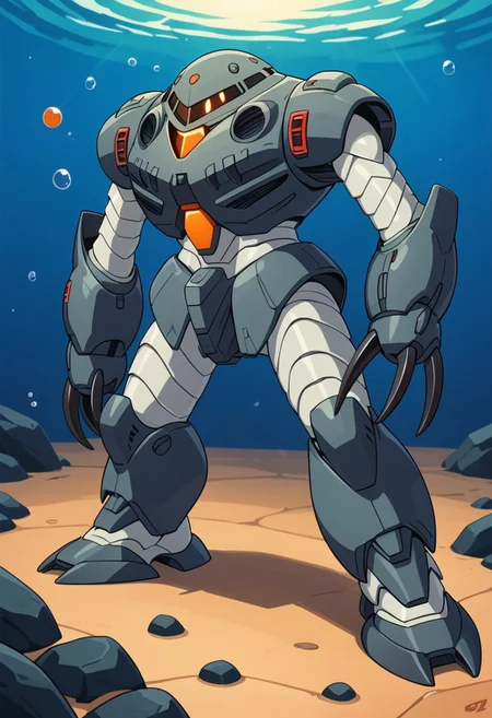 score_9, score_8_up, score_7_up, source_anime, cowboy shot, side view, blue light, BREAK, ( zgok_experiment, orange monoeye, looking at viewer, zeon symbol on chest, menacing claws, standing, ) 1mech, mech focus, solo, BREAK, submarine with searchlight, 2 divers, bubbles, shaft of light, ocean floor, rocks,