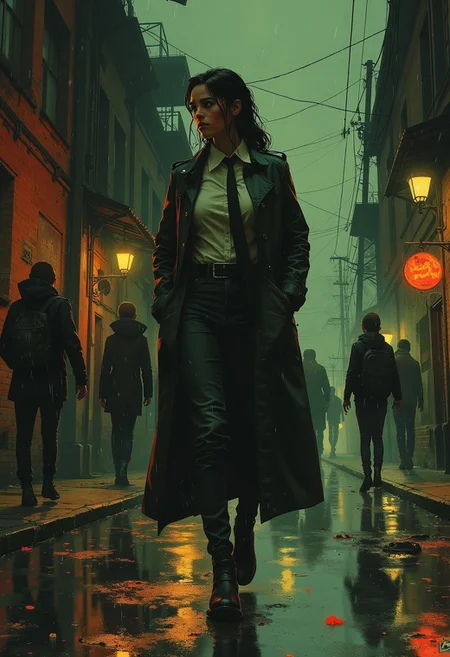 A painterly, modern noir artwork depicting a very short stocky muscular buxom young woman with long black hair wearing a dark trenchcoat and a white men's shirt and a long tie, walking at night down an old rainy street with brick buildings in a European style. Her hands are in her pockets and her face is pensive and androgynous. She is smoking a cigarette. Other people are just vague shapes in the rain and fog, and the electric streetlights cast glittering reflections in the puddles. The scene has a strong Noir quality to it, and the brushstrokes are painterly and blurred, playing with shadows and light in the dark, wind, and rain.