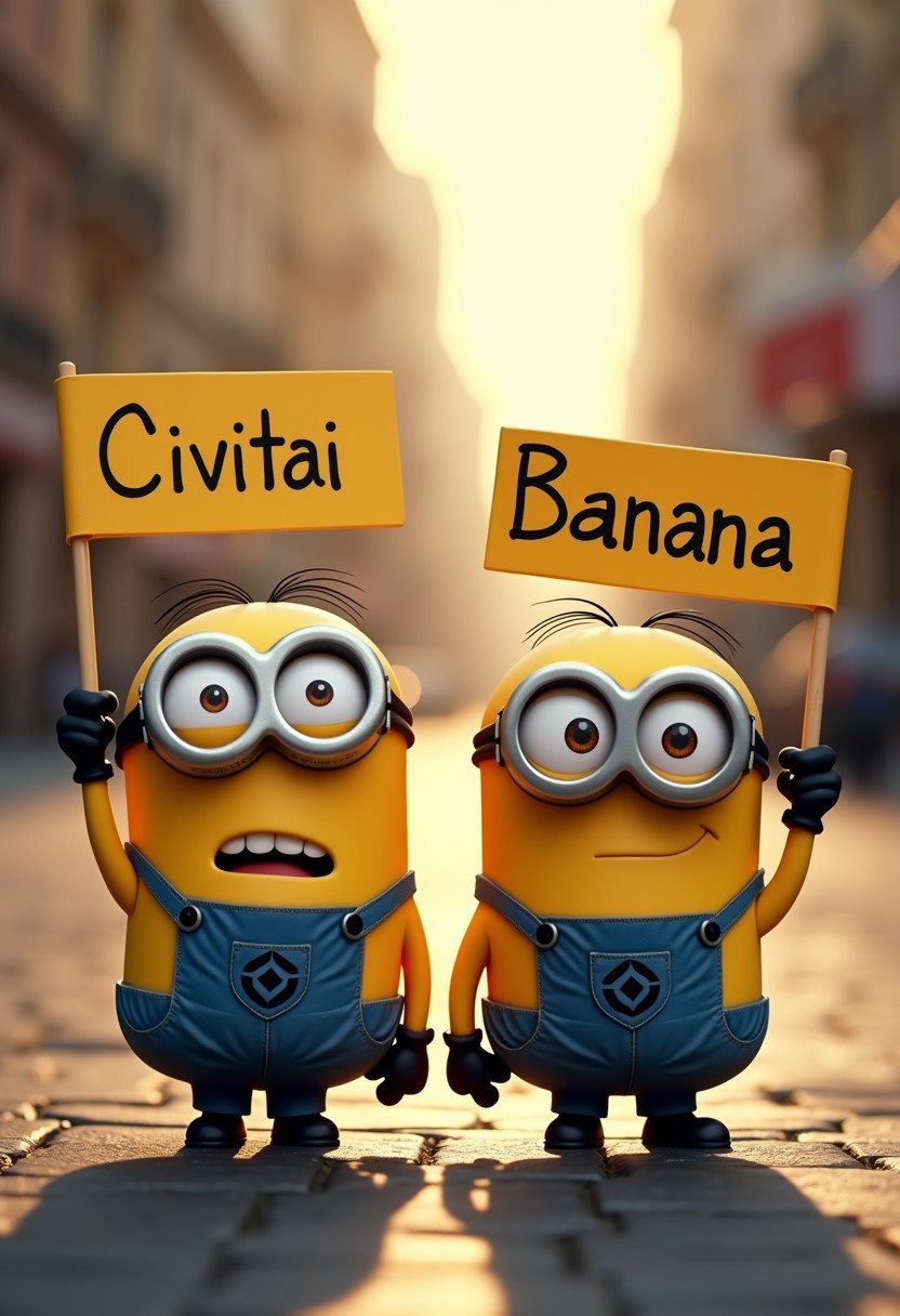 two minions , masterpiece,(they holding up signs with the words "Civitai" and "Banana" ,epic background, positive emotional,