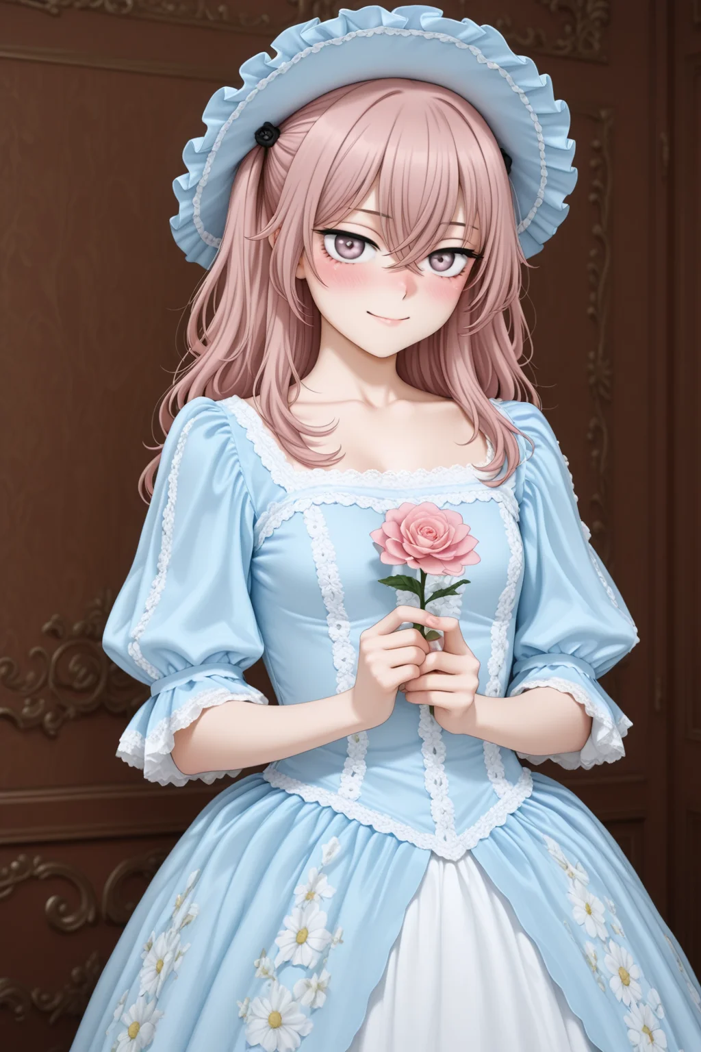 masterpiece, best quality, amazing quality, 1girl, solo, makeup, general, looking at viewer, blush, cowboy shot, smile, boutique, indoors, fancy, blush, lovely, holding flower, looking at viewer, <lora:sajuna-inui-s1-illustriousxl-lora-nochekaiser:1>, sajuna inui, inui sajuna, long hair, bangs, hair ornament, hair between eyes, pink hair, pink eyes, two side up, crossed bangs, mature female, small breasts, <lora:Blue_Rococo_Style_Vintage_Masquerade_Dress:1>, Blue_Rococo_Style_Vintage_Masquerade_Dress, white dress, blue dress, gown, long dress, blue headwear, bonnet, frills, lace trim, lace, short sleeves, puffy sleeves, floral print, <lora:wai-2Rectified-V140:1>, <lora:illustrious_noobai_epsilon_pred_1_masterpieces_v1:1>