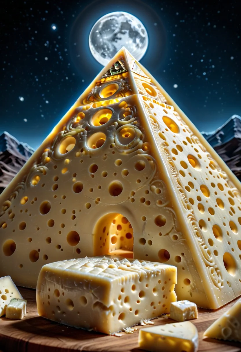 lazypos, Cheese style, moon made of white cheese, glowing, illuminating, night sky, gold pyramid made of cheese,