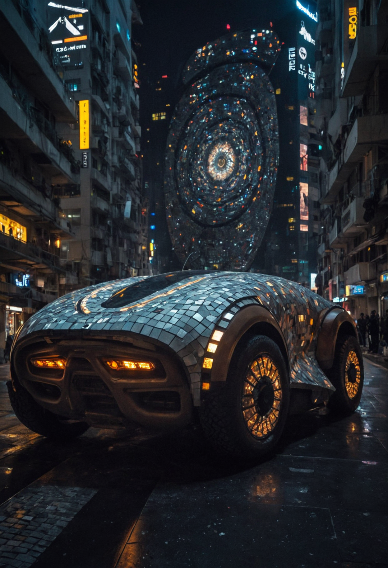 award-winning masterpiece,RAW editorial photo, a futuristic vehicle is parked in a futuristic city at night time [12],, a mosaic,<lora:Beeple-Cyberpunk:1>,Beeple (artist, beeple),geometric abstract art [24], . ,
