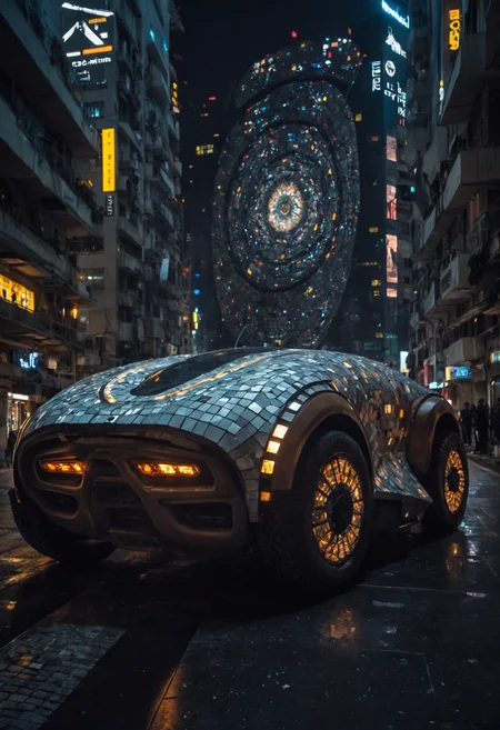 award-winning masterpiece,RAW editorial photo, a futuristic vehicle is parked in a futuristic city at night time [12],, a mosaic,<lora:Beeple-Cyberpunk:1>,Beeple (artist, beeple),geometric abstract art [24], . ,