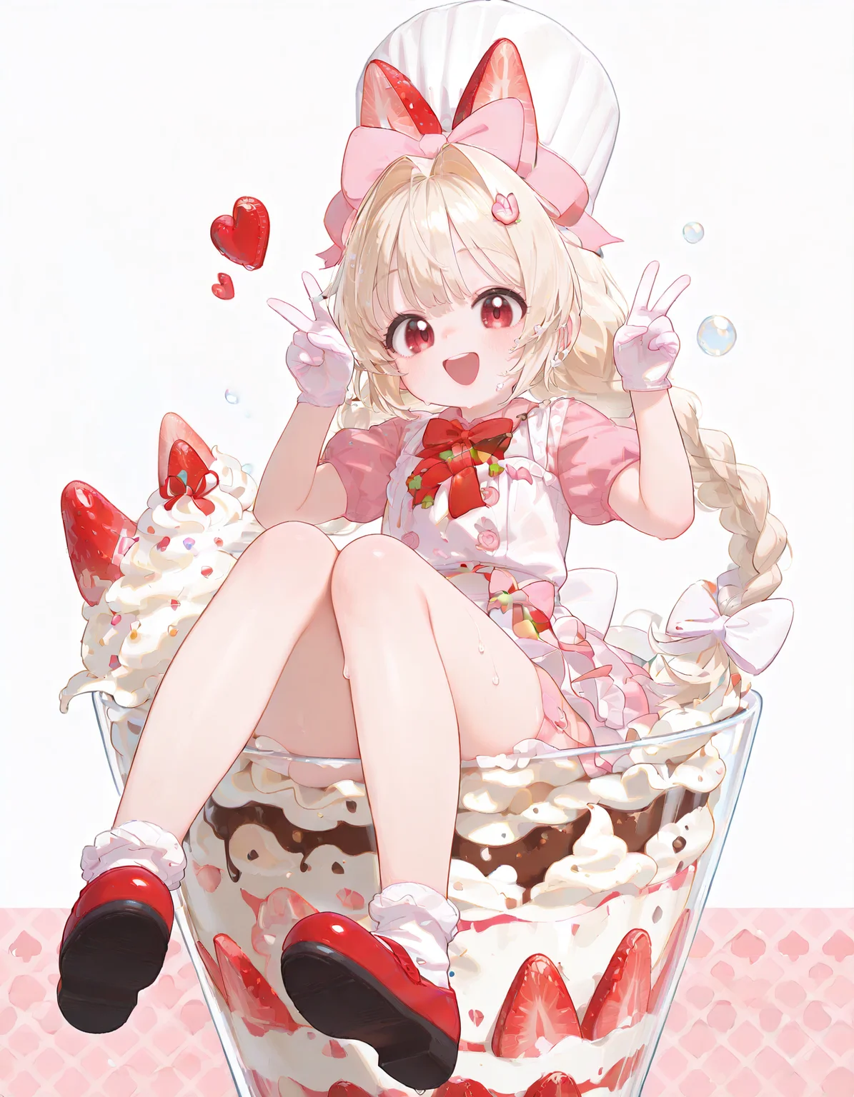 masterpiece, best quality, amazing quality, very aesthetic, absurdres, newest, volumetric lighting,dutch angle,1girl,solo,happy,double v,open mouth,smile,<lora:Crust_NIKKE:1>crust (nikke), blonde hair, twin braids, long hair, red eyes, hair bow, hair ornament, chef hat, pink dress, white apron, white gloves,white socks, red shoes, bow, ribbon, strawberry hat ornament, skindentation,<lora:In_a_Cup__Character_Concept__IllustriousXL_and_NoobAI:1>mini person, wet clothes, wet, in food, partially submerged, white background, heart background, sitting, looking at viewer, (food,chocolate,ice cream,whipped cream,Parfait,strawberry parfait), glass, water, water drop, bubble, air bubble, coffee, Whipping cream, oversized object,(strawberry:1.4)
,pink background,heart background,skindentation,masterpiece, best quality, amazing quality, very aesthetic, absurdres, newest, volumetric lighting, <lora:c_:1>