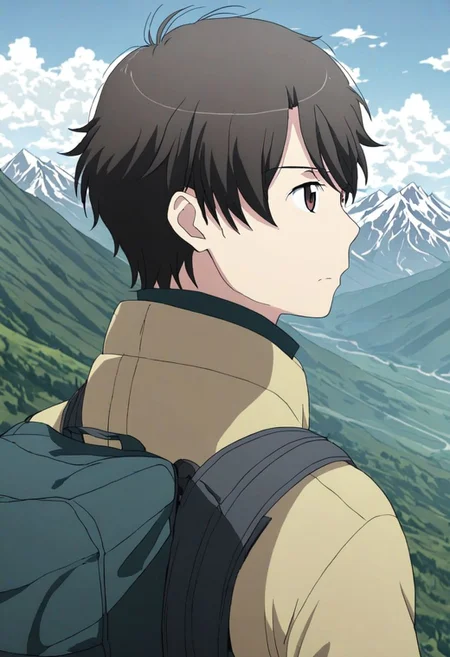 high resolution, solo, best quality, 1Boy, Inaho Kaizuka, Black Hair, Brown Eyes, landscape, upper body, look at the view behind, upper body, high mountain, hiking gear, , OverallDetail