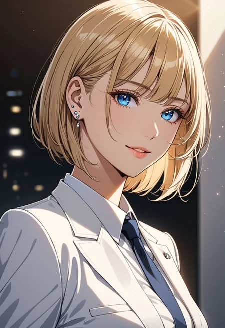 (anime, masterpiece, intricate:1.3), (best quality, hires textures, high detail:1.2), (4k),(incredibly detailed:1.4), perfect anatomy, correct sense of scale, side lighting, feminine body, shiny skin, graceful face, constricted waist, nice body, lips, Sexy mouth, high pointed nose, (nostrils:1.3), neatly drawn nose, 1woman, charming smile, gorgeous lips, blue eyes, white suit, tie, office lady, closed blouse, mini skirt, tights,  blonde bob hair, side bangs, medium breasts, ((piercing, two holes at the bottom of the ear, one at the top)) (best illumination, an extremely delicate and beautiful) 8k wallpaper, masterpiece, best quality, ultra-detailed, best shadow, volumetric lighting), (beautiful detailed face, beautiful detailed eyes) ,extreme details eyes, shiny skin, full body, ear piercing