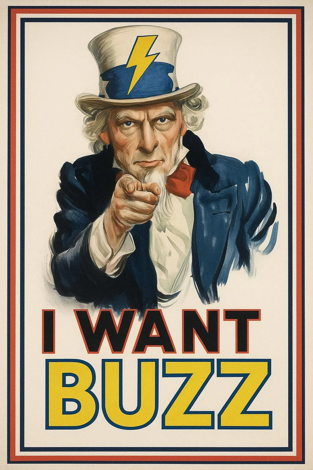 Generate a parody image of the famous 1917 World War I recruiting poster (Uncle Sam): Keep the original black, red and blue frame, and the background color is white. On the top center, Uncle Sam, wearing a blue-white top hat with a big yellow lightning bolt printing, is looking at and pointing to viewer. The word "I WANT (black with red outline) BUZZ (yellow with blue outline.)" is on the bottom, all in capital letter. The word "BUZZ" is slightly bigger.