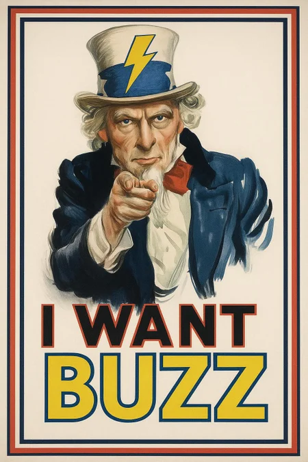 Generate a parody image of the famous 1917 World War I recruiting poster (Uncle Sam): Keep the original black, red and blue frame, and the background color is white. On the top center, Uncle Sam, wearing a blue-white top hat with a big yellow lightning bolt printing, is looking at and pointing to viewer. The word "I WANT (black with red outline) BUZZ (yellow with blue outline.)" is on the bottom, all in capital letter. The word "BUZZ" is slightly bigger.