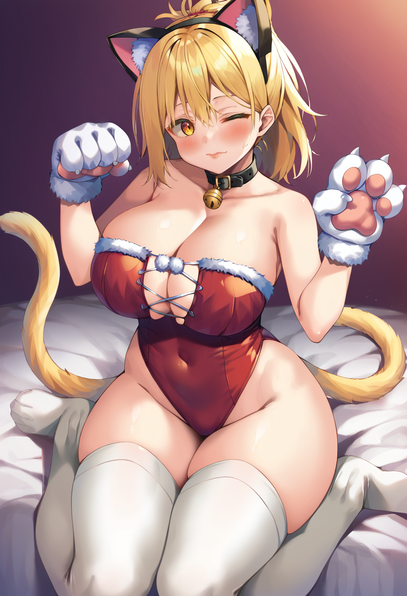 score_9, score_7_up,  1girl, 
huge breasts, wide hips, thick thighs, paw gloves, neck bell, cat girl, covered navel, breasts, fur-trimmed thighhighs, straight-on, animal ears, strapless leotard, gradient background, thighhighs, bell, hand up, one eye closed, black collar, purple background, closed mouth, strapless, bare shoulders, animal hands, red leotard, blonde hair, hair between eyes, cleavage, collar, fur trim, gloves, white thighhighs, thighs, shiny clothes, sitting, sidelocks, collarbone, blush, tail, fake animal ears, leotard, arm up, cat tail, hair tie, looking at viewer, paw print, jingle bell, shiny skin, paw pose, skindentation, legs together, cat ears, solo, yellow eyes, feet out of frame, long hair
 <lora:asa_no_ha-Style-PonyXL-Dora-000049:1>