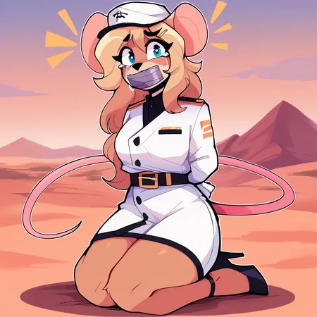 score_9_up, score_8_up, score_7_up, score_6_up, furry female, full-length portrait, by remanedur, ela novabay, female, furry, mouse, blue eyes, blonde hair, long hair, tail, white gloves, desert, headwear, (headgear), high heels, looking at viewer, hairclip, white naval uniform, (solo), three-quarter view, head tilt, tape gag, hands behind back, crying, tears, shocked, white clothing, <lora:Leah_Pines(AIM)_XL_v1:1>, <lora:PDXL_artist_tags_v2_big:0.8> <lora:The-Minuscule-Task_PDXL_v1.0:0.8> <lora:Ela_Novabay_WirelessShiba:0.15>