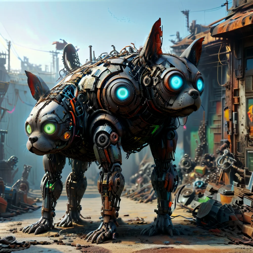 4k, extremely detailed wide view of amazing scene with scrap metal androids fused with blue glowing neon, Gorn,French Bulldog, stylized by Makoto Shinkai, Moyoco Anno and Studio Ghibli, Muppet Style of a A woman with long, flowing brown hair and piercing green eyes gazes out from behind a glass of crystal. She wears a sleek black dress that billows in the gentle breeze, melancholic, dark and grotesque imagery, (HD, masterpiece, best quality, hyper detailed, ultra detailed, super realistic),amazing, evi@decrepPunk, ais-scrapyrd, scrapbuiltai, add-detail-xl, Rusted, rusted landscape<lora:sdxl\rust\concept_worldmorph_decrepPunk_SDXL_v1-evi@decrepPunk.safetensors:1.24:1.24> <lora:sdxl\rust\Scrapyard_Style_SDXL.safetensors:0.73:0.73> <lora:sdxl\rust\ScrapBuiltAIp.safetensors:0.75:0.75> <lora:sdxl\enhancment\add-detail-xl.safetensors:0.8300000000000001:0.8300000000000001> <lora:sdxl\rust\Rusted_landscape_SDXL.safetensors:0.63:0.63>