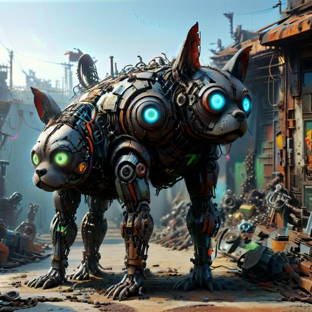4k, extremely detailed wide view of amazing scene with scrap metal androids fused with blue glowing neon, Gorn,French Bulldog, stylized by Makoto Shinkai, Moyoco Anno and Studio Ghibli, Muppet Style of a A woman with long, flowing brown hair and piercing green eyes gazes out from behind a glass of crystal. She wears a sleek black dress that billows in the gentle breeze, melancholic, dark and grotesque imagery, (HD, masterpiece, best quality, hyper detailed, ultra detailed, super realistic),amazing, evi@decrepPunk, ais-scrapyrd, scrapbuiltai, add-detail-xl, Rusted, rusted landscape<lora:sdxl\rust\concept_worldmorph_decrepPunk_SDXL_v1-evi@decrepPunk.safetensors:1.24:1.24> <lora:sdxl\rust\Scrapyard_Style_SDXL.safetensors:0.73:0.73> <lora:sdxl\rust\ScrapBuiltAIp.safetensors:0.75:0.75> <lora:sdxl\enhancment\add-detail-xl.safetensors:0.8300000000000001:0.8300000000000001> <lora:sdxl\rust\Rusted_landscape_SDXL.safetensors:0.63:0.63>