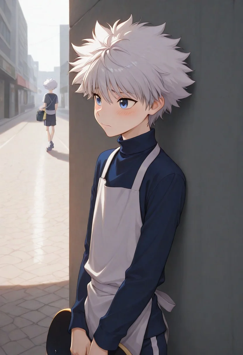 core_9, score_8_up, score_7_up, source_anime, highres, masterpiece, best quality,cinematic lighting:0.5,
,1boy,solo,male focus, killua_zoldyck, white hair, blue eyes, short hair, spiked hair, bangs, messy hair, slim body,embarrassed,light blush,handsome, focus upper body,look at view,
hand ,take bag,sit on skateboard,
,short apron,shorts,socks,
outdoor,store street,corner,blind spot ,stain floor,camera, , video game, ,bag,skateboard,
BREAKvolumetric light, volumetric lighting, reflective light, rim light, sun light,day light,